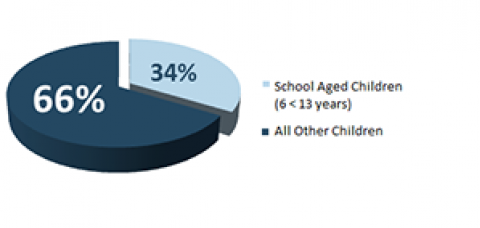 Pie chart: Percent of CCDF Children Served Each Month by School Status - school aged 6 < 13 yrs 34%, all other children 66%