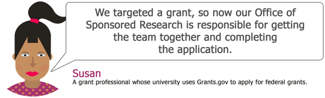 Susan user story: We targeted a grant, so now our Office of Sponsored Research is responsible for getting the team together and completing the application.