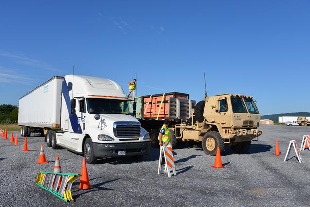FEMA Region III, in partnership with state partners and the Pennsylvania Army National Guard, organize two trucks and their commodities as part of a staging exercise.