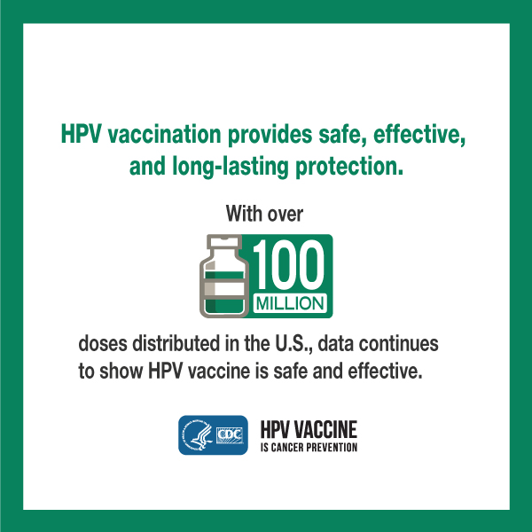 HPV vaccination provides safe, effective, and long-lasting protection. With nearly 100 million doses distributed in the U.S., data continues to show HPV vaccine is safe and effective. CDC logo. HPV vaccine is cancer prevention.