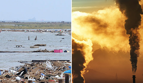 Two photos: Left photo shows a body of water full of debris and trash. Right photo shows two smoke stacks from a factory billowing smoke.