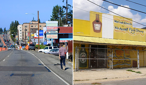Two photos: Left photo shows a person walking along the shoulder of a busy highway. Right photo shows a derelict storefront.
