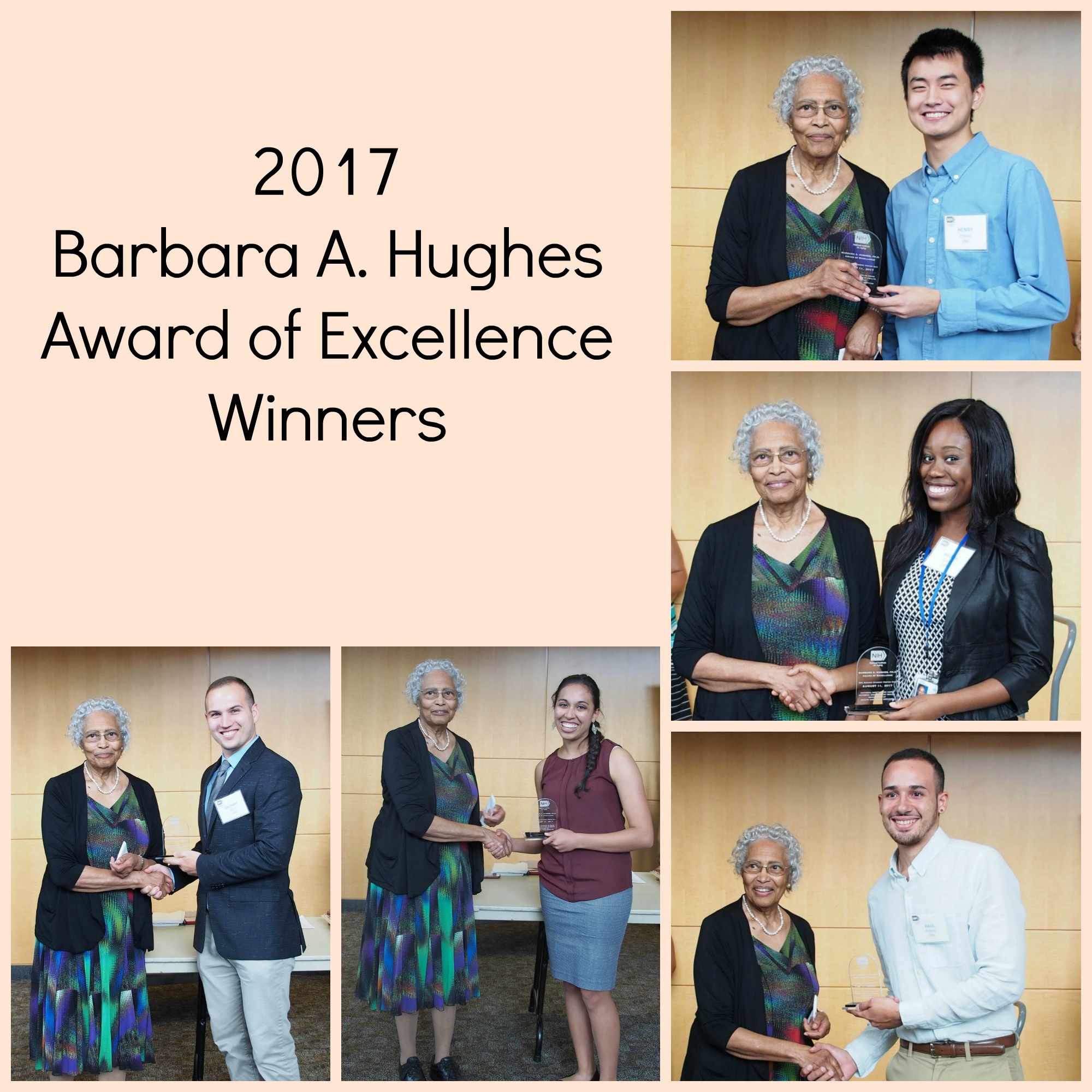 Dr. Hughes poses with this year's Barbara A. Hughes Award of Excellence winners: Ifeoma J. Azinge, Zachary Cook, Raul Y. Ramos Sanchez, Tara N. Srinivas, and Henry Zhang
