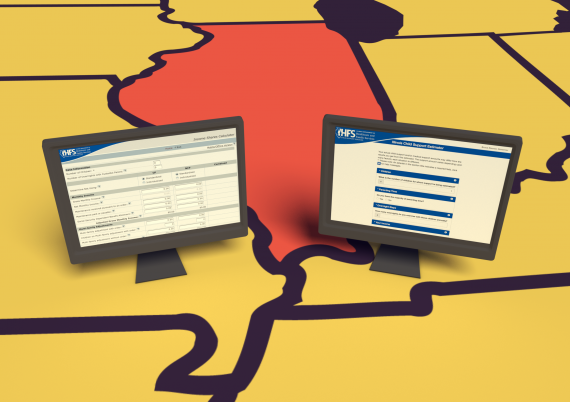 Graphic of shape of Illinois and two child support computer monitors