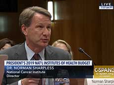 Screen capture of Dr. Sharpless speaking at a senate hearing on CSPAN
