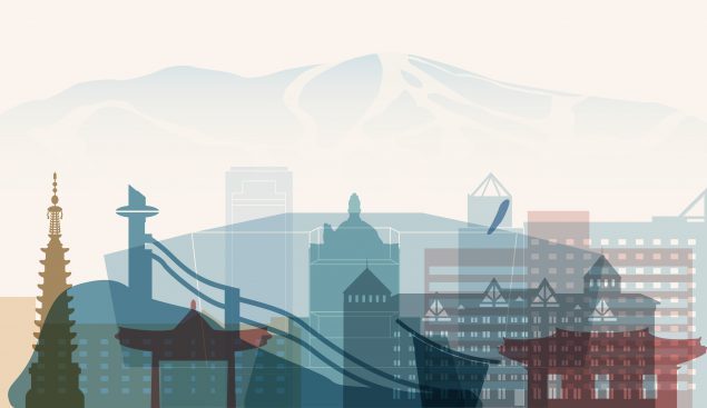 Detailed, transparent-style illustration with the words “Pyeongchang” and silhouettes of its’ mountains and city skyline