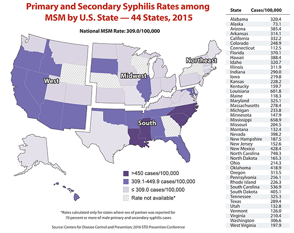 This graphic shows rates of primary and secondary syphilis infection among MSM in 44 states and was developed using preliminary 2015 national syphilis case report data and 2014 population estimates of the number of adult MSM by state. Researchers developed rates for the 44 states that reported the sex of partners for at least 70 percent of the men diagnosed with P&S syphilis in 2015. Estimates of syphilis rates among MSM vary from 73.1 per 100,000 in Alaska to 748.3 in North Carolina.