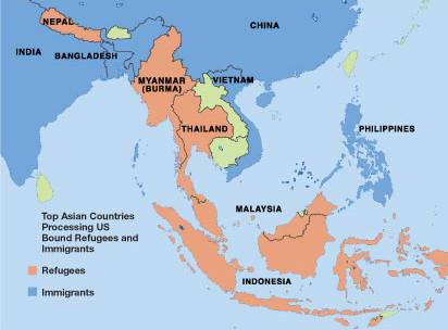 Map showing top Asian countries processing US bound refugees and immigrants. Countries are colored either red or blue. For countries colored red, they show countries where refugees are coming from: Indonesia, Malaysia, Myanman (Burma), Nepal, and Thailand. Countries colored blue for countries immigrants are coming from: Bangladesh, China, India, Philippines, and Vietnam