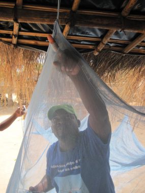A man inspects a mosquito net. Splenomegaly is often caused by chronic, repeated malaria infections.