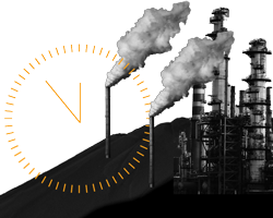 An outline of a clock overlapping a factory emitting smoke