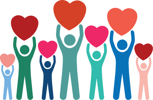 Graphic of a group of people holding up hearts.