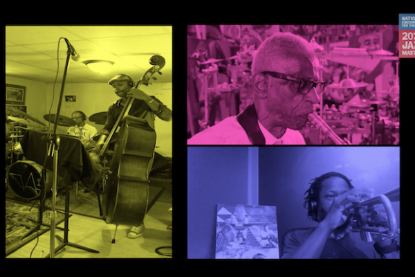 screen shot from 2020 NEA Jazz Masters Virtual Tribute Concert with three squares tinted in different colors
