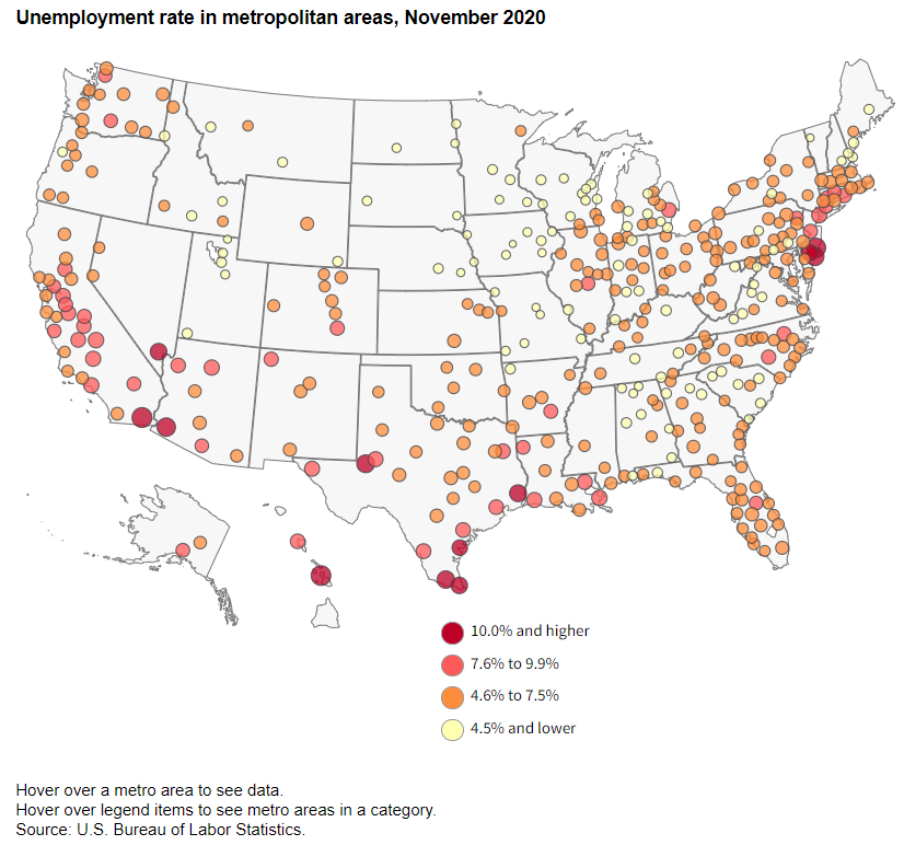 A data chart image of 12 metro areas had unemployment rates of 10 percent or higher in November 2020