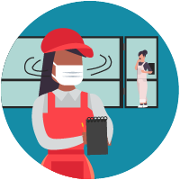 icon of employee wearing mask with pad of paper looking around workplace with customer in background