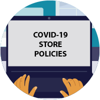 icon of person looking at computer screen with the text Covid-19 Store Policies