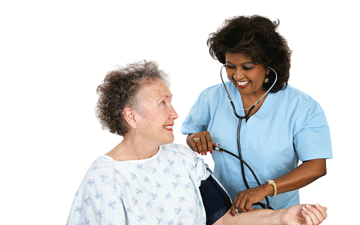 Nurse taking blood pressure of woman