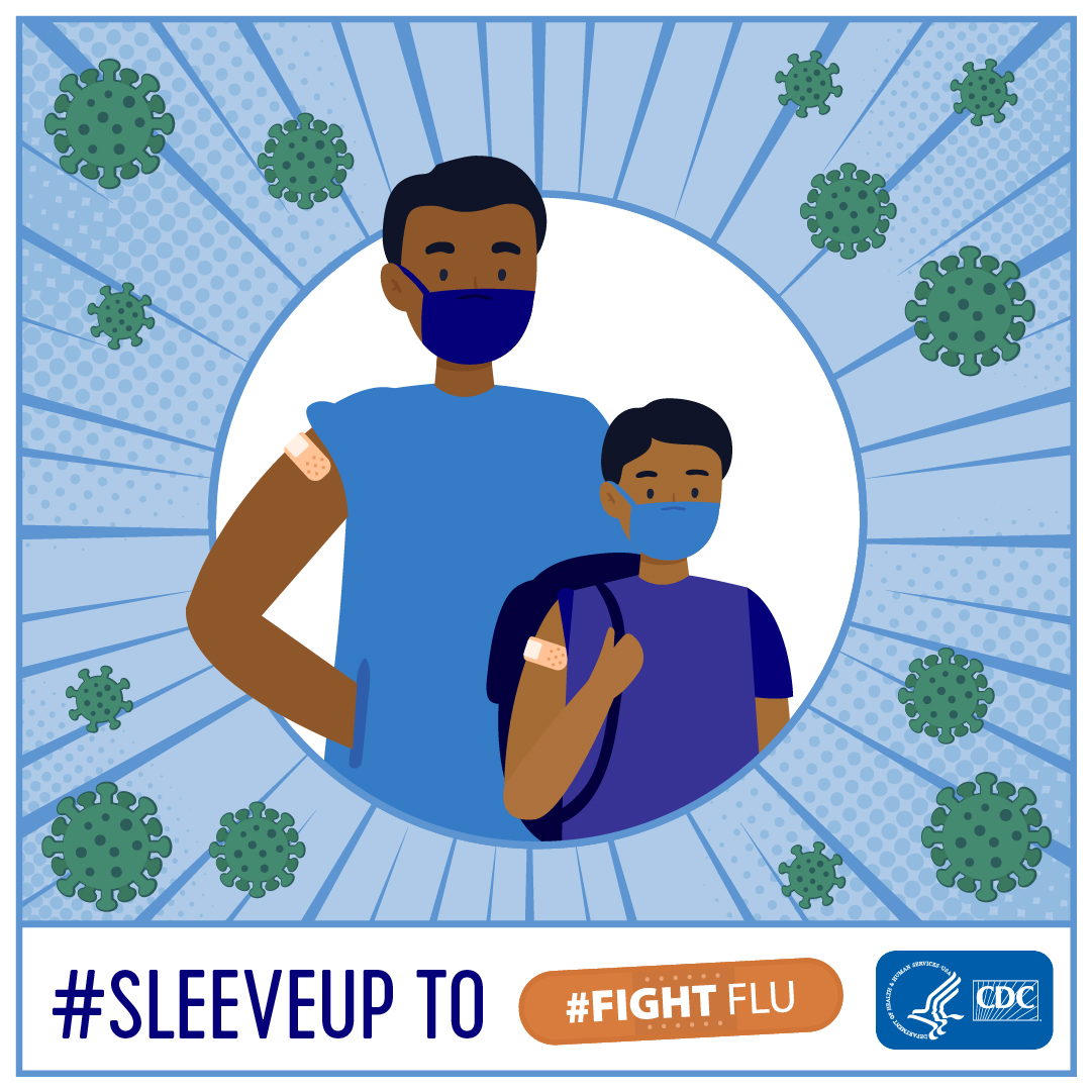 Hispanic father and son graphic - Sleeve Up to Fight Flu
