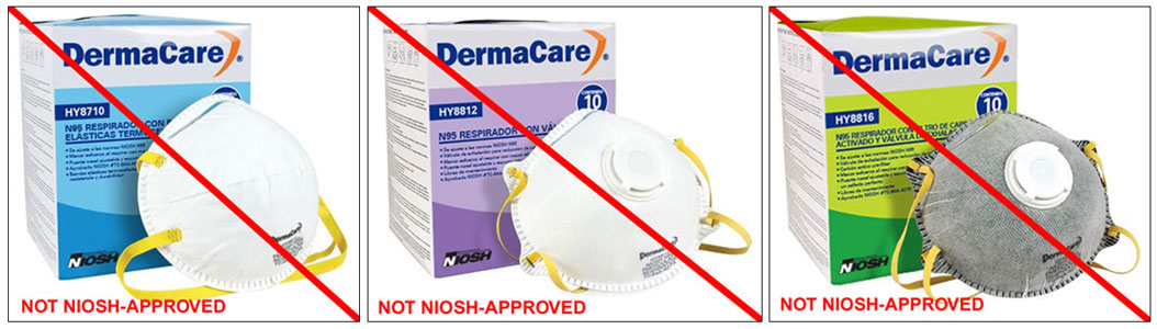 This is an example of a misrepresentation of a NIOSH-approved product. Products labeled as DermaCare or Espomega, with model numbers HY8710, HY8812, and HY8816, are NOT NIOSH approved. (8/7/2020)