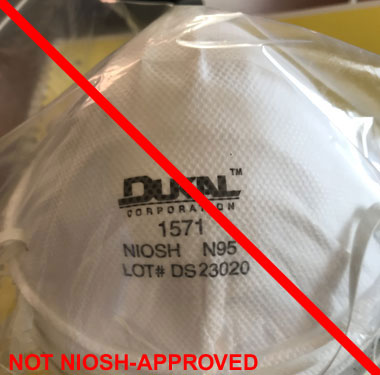 This is an example of a misrepresentation of a NIOSH approval. DUKAL is not a NIOSH approval holder or a private label holder. (10/22/2020)