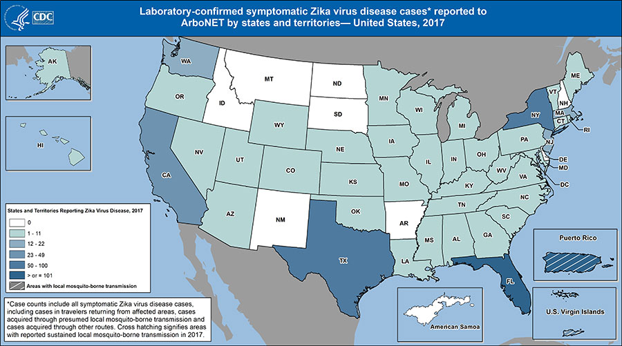Map of laboratory-confirmed symptomatic Zika virus disease cases reported to ArboNET by states and territories