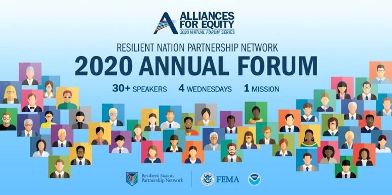 Resilient Nation Partnership Network 2020 Annual Forum Graphic will host 30 speakers on 4 Wednesday. Pictures of 30 pixilated photos of humans.  
