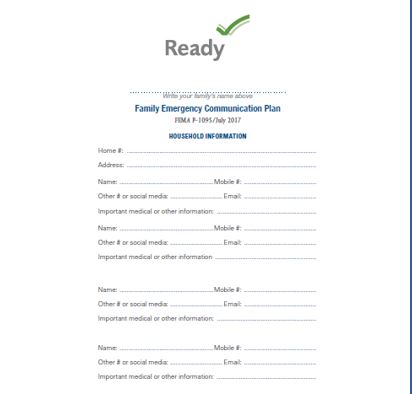 Cover page for Family Communication Plan Fillable Card