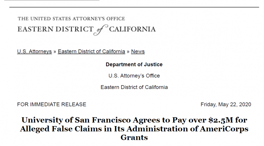 University of San Francisco Agrees to Pay over $2.5M for Alleged False Claims in Its Administration of AmeriCorps Grants