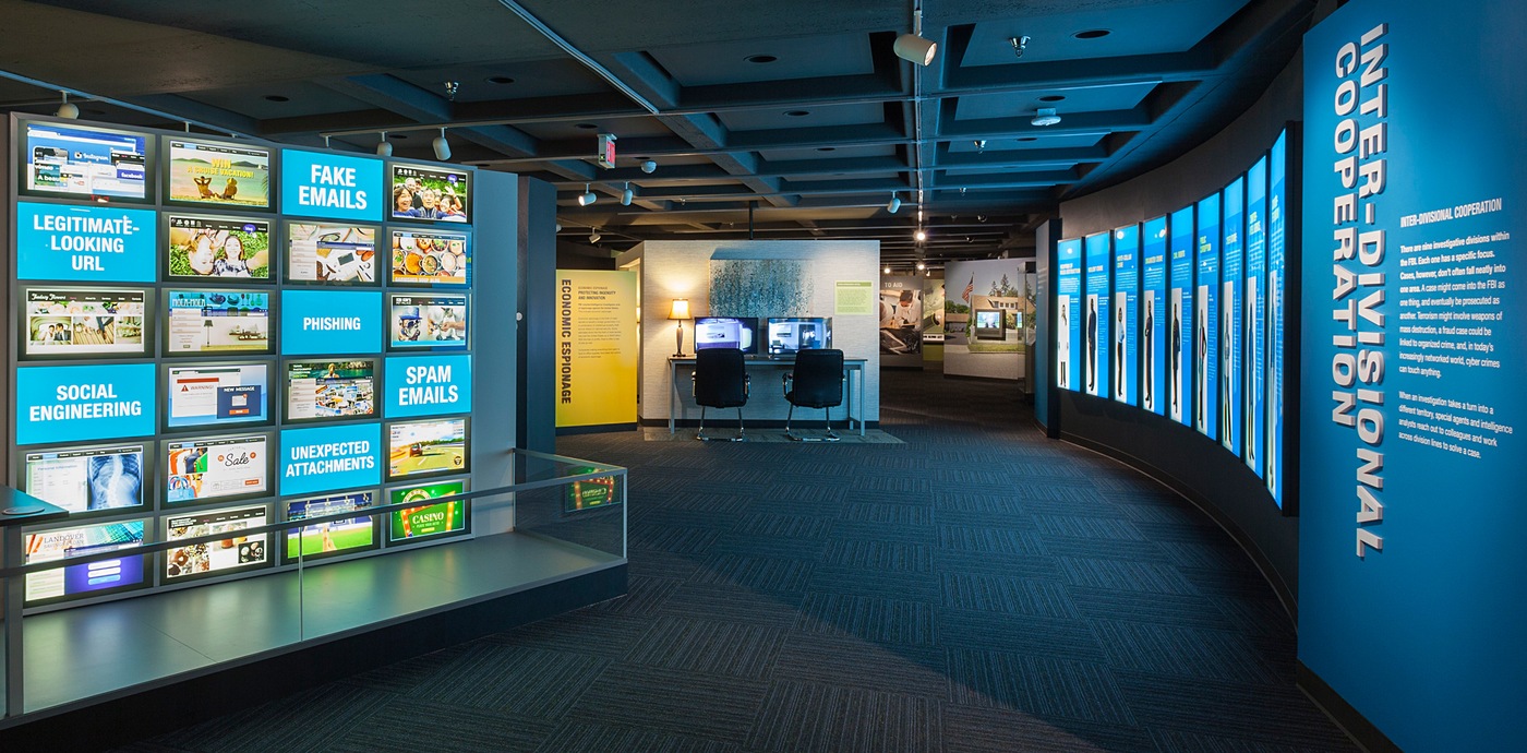 Exhibits on display at The FBI Experience tour at FBI Headquarters in Washington, D.C.