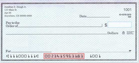 The bank account number can be found in the lower left-hand section, to the right of the bank routing number.