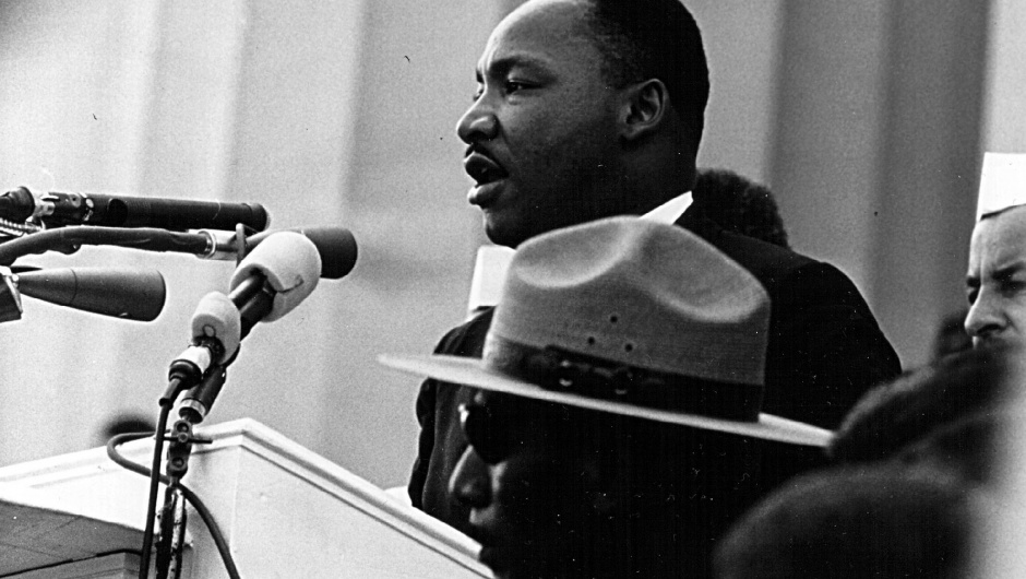 Dr. Martin Luther King Jr. speaking on the steps of the Lincoln Memorial during the March on Washington in August, 1963.