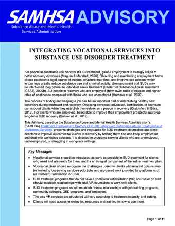 Advisory: Integrating Vocational Services into Substance Use Disorder Treatment