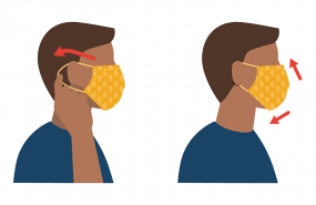 fitting a cloth facemask to your face. The mask should cover from below your chin to above your nose, and be pinched to fit the bridge of your nose snugly.
