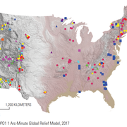 Image shows a map and key of the United States with mineral locations marked with colored shapes