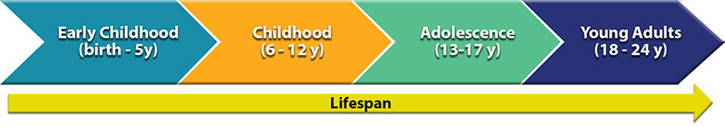 Lifespan timeline from includes early childhood (birth-5y) Childhood (6-12y) Adolescence (13-17y) Young Adults (18-24y) 