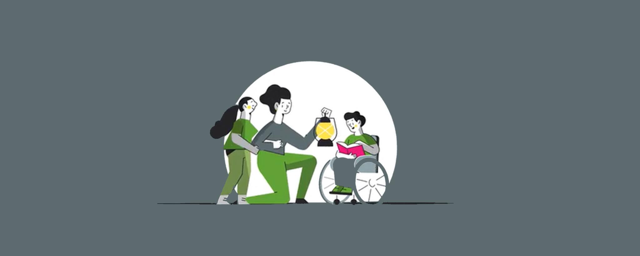 Mujer sosteniendo una linterna con dos niños, uno está en una silla de ruedas