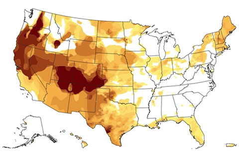 Map of U.S. showing number of weeks different places have been experiencing drought conditions