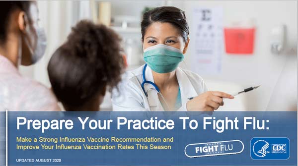 image of health care professional in mask pointing with text Prepare your practice to fight flu