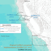 Map of California showing the sections of the coast where the USGS has generated computer models of storm impacts.