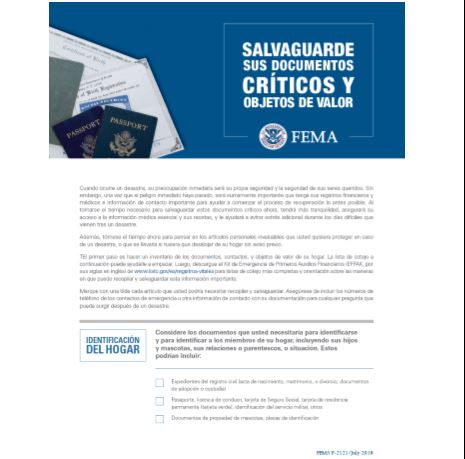 Cover page for Salvaguarde sus Documentos Críticos y Objetos de Valor: Spanish – Safeguard Critical Documents and Valuables
