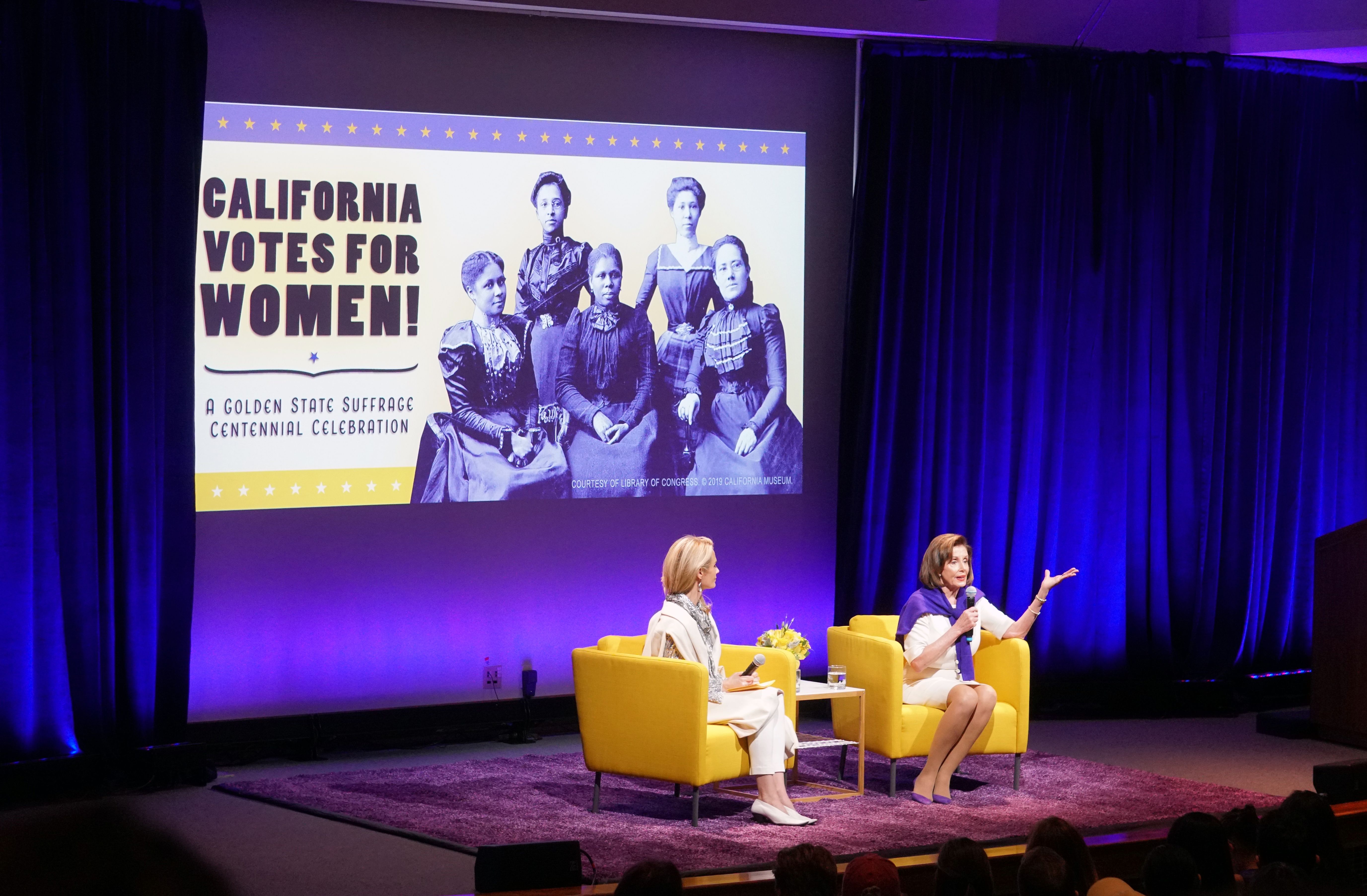 Congresswoman Nancy Pelosi participates in a moderated conversation with California First Partner Jennifer Siebel Newsom for a discussion on the women’s suffrage movement in California.