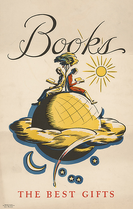 A colorful poster depicts two people sitting on a globe beneath a tree, reading books. A sun shines on them from a distance. Below them are a ring of clouds, a crescent moon, and stars. The word "Books" appears at the top of the poster. The phrase "The best gifts" appears at the bottom.
