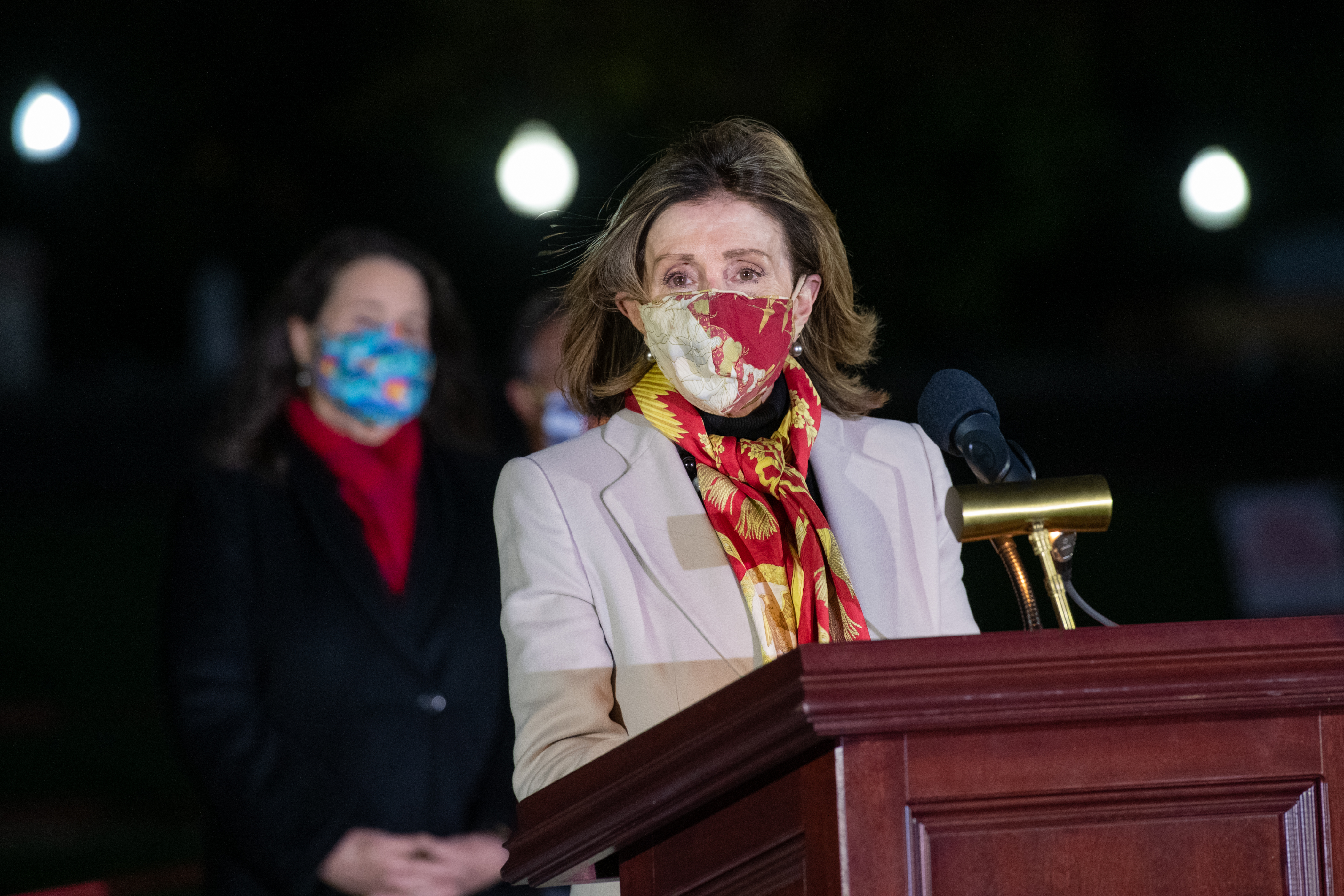 Photo of Speaker Nancy Pelosi making remarks at the Capitol Christmas Tree Lighting.
