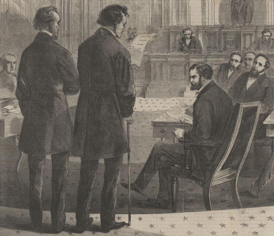 Representatives John Bingham and Thaddeus Stevens Announce that the House Impeached President Andrew Johnson