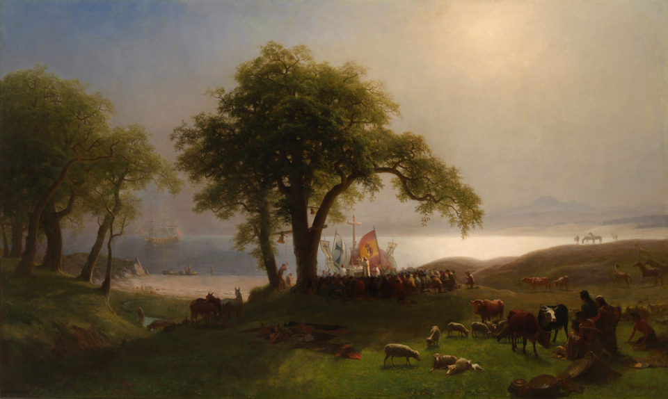 This historic landscape created by Albert Beirstadt in 1876 represents exploration of the Pacific coast. A grazing herd of domestic animals in the foreground symbolizes the natural bounty to be found in the West.