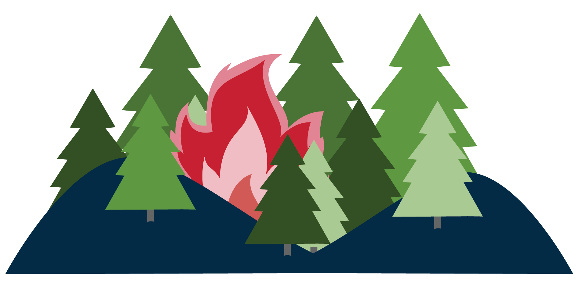 A forest with green trees and a red fire flame