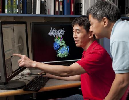 Profile picture of Peter Kwong and Tongqing Zhou working at a computer. Peter Kwong is seated and pointing at the monitor screen, while Tongqing looks on behind him.