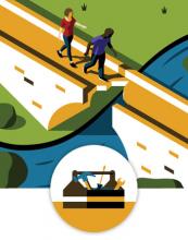 An illustration of two people walking up to a broken bridge over a rushing river
