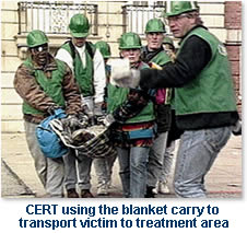 photo of CERT using the blanket carry to transport victim to treatment area