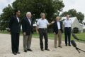 Standing with his national defense team, President George W. Bush talks with the press at Prairie Chapel Ranch in Crawford, Texas, Monday, Aug. 23, 2004. Pictured, from left, are: Dr. Condoleezza Rice, Vice President Dick Cheney, Secretary of Defense Donald Rumsfeld and Chairman of the Joint Chiefs of Staff General Richard Meyers. (White House Photo by Paul Morse)