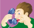 Drawing of a man coughing into a telephone and expelling microbe-laden droplets.